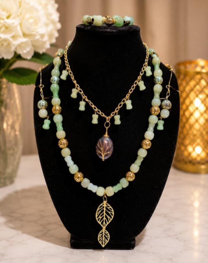 Jade & Gold Leaf layered necklace set, handmade by Margie